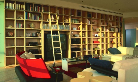 A living room with a large book case and ladder.