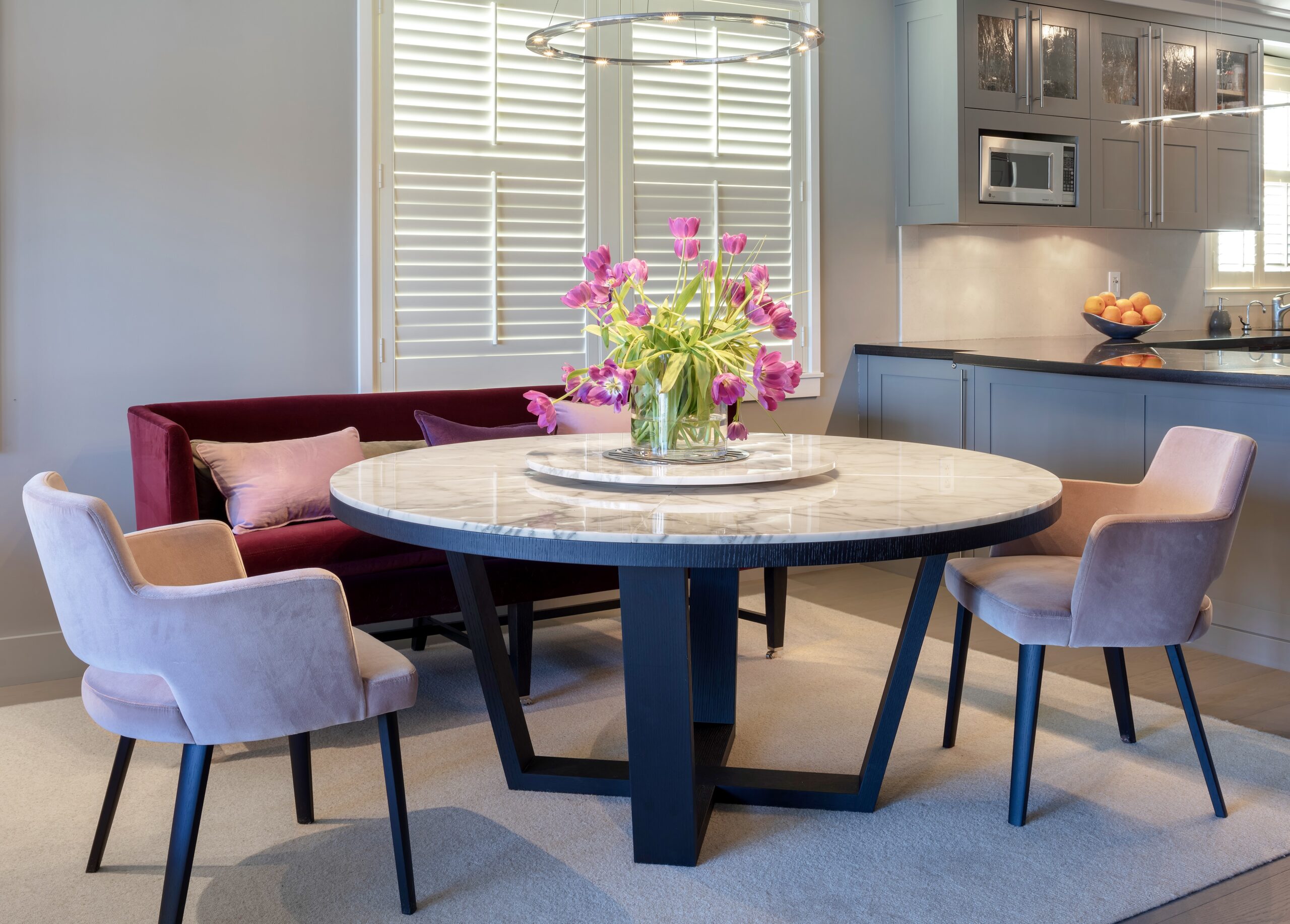 Best round dining tables.Belvedere Tiburon waterfront Condo. Marble top.