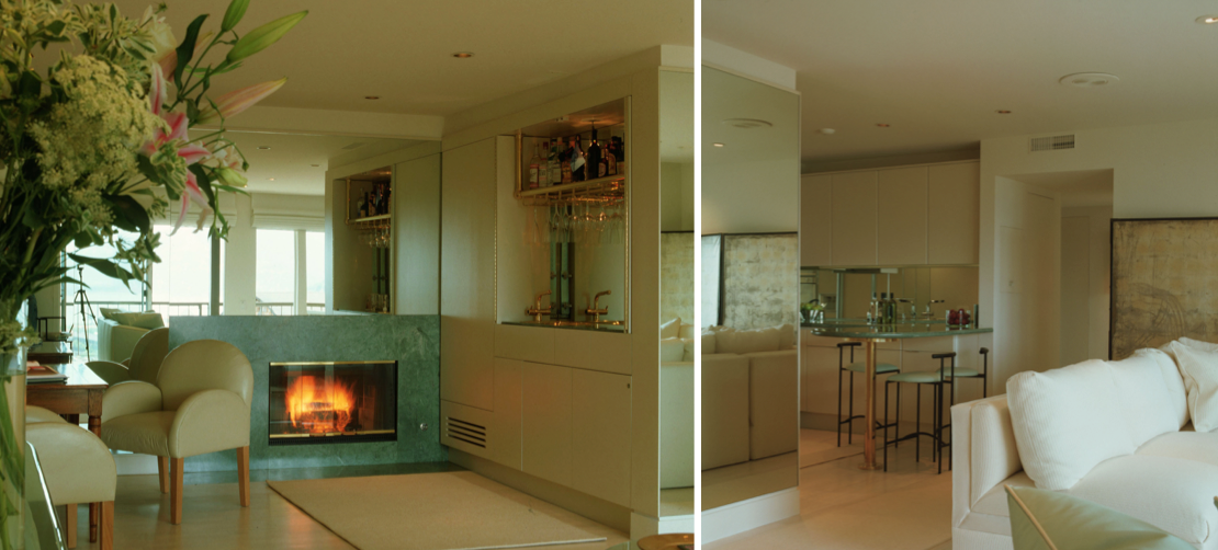 Tiburon Belvedere one bedroom view apartment Pair of images with fireplace wet baropen kitchen Jerry Jacobs Design