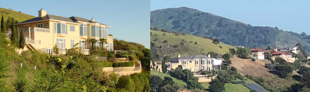 A split photo of two different houses on the side of a hill.