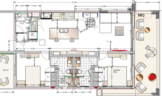 A floor plan of a kitchen with two different floors.