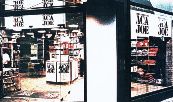Aca Joe store at Picaddy Circus London 1987. The entrance escalator to the Underground by the side. Tower records next door. Both stores now closed. Luxury Retail, though the price point is low and the line casual.